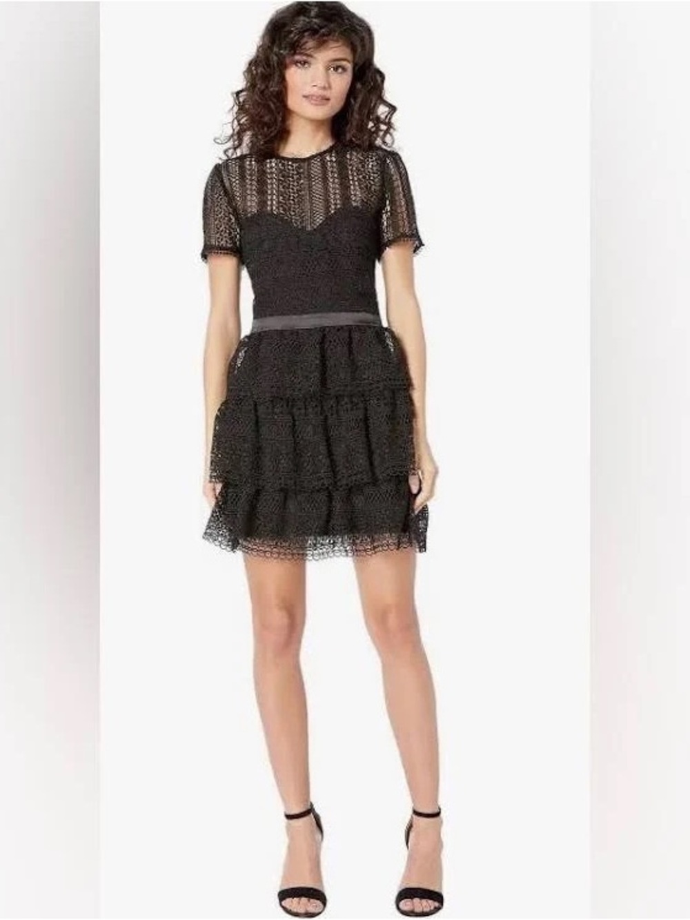 Bardot Black Lace Tiered Short Sleeve Mini Dress